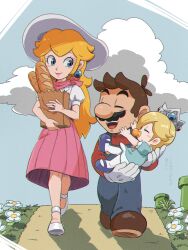 Rule 34 | 1boy, 2girls, baby rosalina, bag, baguette, bib, blonde hair, blue dress, blue eyes, blue footwear, blue overalls, boots, bread, brown footwear, brown hair, closed eyes, cloud, dress, earrings, facial hair, flower, food, gloves, grass, hat, highres, holding baby, jewelry, long hair, mario, mario (series), multiple girls, mustache, nintendo, open mouth, outdoors, overalls, pantyhose, paper bag, path, pink dress, princess peach, princess peach (vacation), red shirt, road, rosalina, shirt, short hair, super mario odyssey, teeth, upper teeth only, warp pipe, white flower, white footwear, white gloves, white headwear, ya mari 6363
