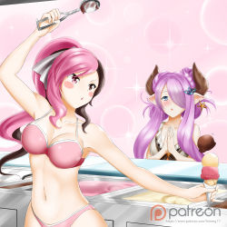 Rule 34 | 2girls, arm up, artist name, bikini, blue eyes, blush, bow, breasts, brown eyes, brown hair, cleavage, collarbone, cream, cream on body, cream on face, draph, earrings, food, food on face, granblue fantasy, grey bow, hair bow, hair ornament, hair over one eye, heterochromia, holding, holding food, horns, ice cream, ice cream scoop, jewelry, kimmy77, long hair, medium breasts, multicolored hair, multiple girls, narmaya (granblue fantasy), navel, neo politan, open mouth, overalls, patreon logo, pink background, pink bikini, pink eyes, pink hair, pointy ears, ponytail, purple hair, rwby, sparkle, split-color hair, standing, swimsuit, two-tone hair, upper body, very long hair, watermark, web address