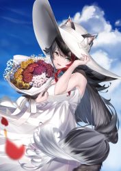 Rule 34 | 1girl, animal ears, bare arms, black hair, blue sky, bouquet, cloud, cloudy sky, commentary request, dress, dutch angle, ears through headwear, flower, hair between eyes, hat, holding, holding bouquet, holding clothes, holding hat, hololive, long hair, looking at viewer, lumium, multicolored hair, ookami mio, open mouth, outdoors, petals, red hair, sidelocks, sky, sleeveless, sleeveless dress, solo, sun hat, sundress, tail, two-tone hair, very long hair, virtual youtuber, white dress, white hat, wolf ears, wolf girl, wolf tail, yellow eyes