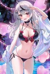 Rule 34 | 1girl, adapted costume, ahoge, ayamy, bikini, black hair, braid, breasts, character name, choker, cleavage, collarbone, commentary request, fang, gluteal fold, hair ornament, hand up, highres, hololive, long hair, looking at viewer, medium breasts, multicolored hair, navel, off shoulder, open mouth, sakamata chloe, sakamata chloe (1st costume), salute, skin fang, smile, solo, stomach, swimsuit, thighs, virtual youtuber, white hair, x hair ornament