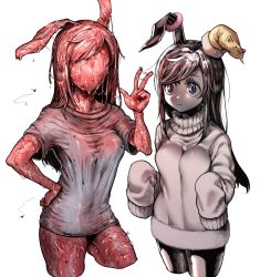 Rule 34 | 2girls, animal ears, blue eyes, breasts, bug, closed mouth, commentary request, cookie (touhou), cowboy shot, faceless, faceless female, fly, food, grey shirt, grey sweater, hand on own hip, highres, hisui (cookie), insect, long hair, looking at another, meat, meat hisui (cookie), medium breasts, metal hisui (cookie), multiple girls, naked shirt, naked sweater, nicoseiga94742271, no skin, rabbit ears, reisen udongein inaba, scrunchie, shirt, simple background, sleeves past wrists, sweater, swept bangs, t-shirt, touhou, turtleneck, turtleneck sweater, wet, white background