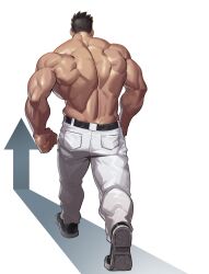 Rule 34 | 1boy, arrow (symbol), back, bara, belt, biceps, denim, highres, jeans, leather belt, male focus, manly, mature male, muscular, muscular male, original, pants, selkiro, shoes, short hair, simple background, sneakers, solo, spiked hair, thick arms, topless male, triceps, undercut, walking, white background