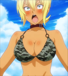 Rule 34 | 1girl, bare shoulders, bikini, blonde hair, blush, breasts, buckle, camouflage, choker, cleavage, cloud, cloudy sky, collar, collarbone, dark-skinned female, dark skin, day, eyebrows, female focus, green eyes, hair between eyes, highres, huge breasts, leash, looking at viewer, mito ikumi, open mouth, outdoors, red collar, screencap, shokugeki no souma, short hair, sky, solo, standing, stitched, sweatdrop, swimsuit, teeth, third-party edit, tongue, upper teeth only