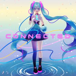 Rule 34 | 1girl, absurdres, album cover, blue eyes, blue hair, boots, breasts, cable, commentary, cover, english commentary, english text, floating hair, hatsune miku, headset, highres, holding orb, long hair, open mouth, single thigh boot, small breasts, solo, song name, thigh boots, thighhighs, twintails, vocaloid, water, yunare