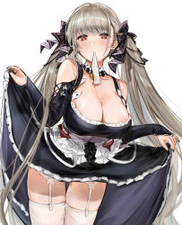 Rule 34 | 1girl, absurdres, azur lane, bare shoulders, black dress, black nails, blush, breasts, cleavage, clothes lift, commentary, dress, dress lift, earrings, formidable (azur lane), frilled dress, frills, garter straps, grey hair, gyudan (t1k 7), hair ribbon, highres, jewelry, large breasts, lifting own clothes, long hair, looking at viewer, mouth hold, nail polish, red eyes, ribbon, simple background, solo, standing, thighhighs, twintails, two-tone ribbon, very long hair, white background, white thighhighs
