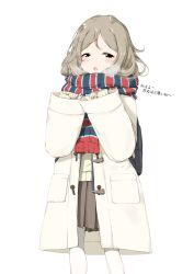 Rule 34 | 1girl, backpack, bag, black eyes, blush, breath, brown hair, brown skirt, coat, duffel coat, enpera, female focus, half-closed eyes, hands up, highres, japanese text, looking at viewer, medium hair, miniskirt, multicolored clothes, multicolored scarf, open clothes, open coat, original, pantyhose, parted bangs, pleated skirt, pocket, scarf, school uniform, sidelocks, simple background, skirt, sleeves past wrists, solo, standing, striped clothes, striped scarf, sweater, talking, translation request, white background, white coat, white pantyhose, wide sleeves, winter clothes, yellow sweater, zagashira