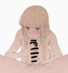Rule 34 | 1boy, 1girl, bar censor, blonde hair, blunt bangs, braid, breasts, censored, completely nude, fellatio, grey background, hetero, long hair, looking at viewer, mdf an, nude, open mouth, oral, original, penis, pov, simple background, tongue, tongue out, twin braids