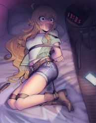 Rule 34 | 1girl, absurdres, ahoge, arms behind back, bdsm, blonde hair, blush, bondage, bound, box tie, cad (caddo), cellphone, denim, denim shorts, female focus, full body, gag, gagged, green eyes, highres, hoshii miki, idolmaster, idolmaster (classic), improvised gag, indoors, kaddo, kidnapped, long hair, looking at viewer, phone, restrained, rope, sex toy, shibari, shibari over clothes, short shorts, shorts, smartphone, solo, tape, tape gag, thighs, vibrator