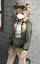 Rule 34 | 1girl, animal ears, blonde hair, blue eyes, carla j. luksic, cat ears, cat tail, futenesira, goggles, goggles on head, indoors, jacket, long hair, long sleeves, military, military uniform, no pants, panties, shiraba (sonomama futene), solo, stone wall, strike witches, tail, twintails, underwear, uniform, wall, white panties, window, world witches series