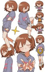 Rule 34 | 1other, :|, = =, androgynous, between legs, blue shorts, blue sweater, blush stickers, brown footwear, brown hair, child, closed eyes, closed mouth, facing viewer, flower wreath, frisk (undertale), from side, full body, hand between legs, hand on own arm, highres, holding, holding wreath, invisible chair, leg warmers, long sleeves, multiple views, no nose, open mouth, other focus, outline, shoes, short hair, shorts, simple background, sitting, smile, sparkle, standing, sweater, tadeno, undertale, upper body, white background, white outline