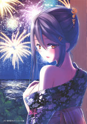 Rule 34 | 1girl, absurdres, bell, blue kimono, blue sky, blush, brown eyes, fireworks, floral print, hair bell, hair ornament, hairclip, haruna (kancolle), highres, horizon, ichimatsu nana, japanese clothes, kantai collection, kimono, lips, long hair, looking at viewer, looking back, night, night sky, non-web source, obi, ocean, off shoulder, parted lips, sash, single bare shoulder, sky, smile, solo, standing, summer festival, tree