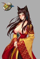Rule 34 | 00s, 1girl, animal ears, bad id, bad pixiv id, biyan, blush, breasts, breasts out, brown hair, dungeon and fighter, fox ears, grey background, hair ornament, happening18, japanese clothes, kimono, large breasts, logo, long hair, long sleeves, monochrome background, nipples, open clothes, open kimono, own hands together, red eyes, sad, simple background, solo, tassel