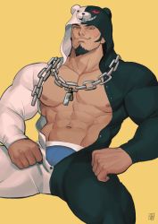 Rule 34 | 1boy, abs, absolum art, absurdres, alternate costume, bara, bare pectorals, beard, black hair, blue male underwear, chain, commentary, cosplay, danganronpa (series), danganronpa 2: goodbye despair, english commentary, facial hair, highres, kigurumi, large pectorals, long sideburns, long sleeves, looking at viewer, male focus, male underwear, monokuma, monokuma (cosplay), muscular, muscular male, navel, nidai nekomaru, nipples, open clothes, pectorals, short hair, sideburns, simple background, smile, solo, spread legs, thighs, unbuttoned, underwear, whistle, whistle around neck, yellow background
