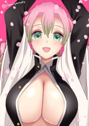 Rule 34 | 1girl, :d, aqua eyes, arms up, black jacket, blush, breasts, cleavage, collared shirt, gradient hair, green hair, hair between eyes, highres, jacket, kanroji mitsuri, kimetsu no yaiba, large breasts, long sleeves, looking at viewer, miyamoto rizu, mole, mole under eye, multicolored hair, no bra, open clothes, open jacket, open mouth, open shirt, petals, pink background, pink hair, shirt, simple background, smile, solo, twitter username, unbuttoned, upper body, white shirt