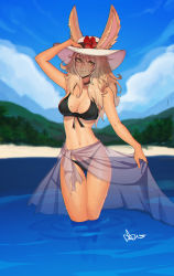 Rule 34 | 1girl, absurdres, bikini, black bikini, black choker, blonde hair, blue sky, blush, breasts, choker, closed mouth, day, distr, ears through headwear, final fantasy, final fantasy xiv, flower, front-tie bikini top, front-tie top, hand on headwear, hat, hat flower, highres, large breasts, long hair, looking at viewer, ocean, outdoors, red flower, sarong, signature, sky, smile, solo, sun hat, swimsuit, thigh gap, viera, wading, warrior of light (ff14), white hat, yellow eyes