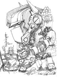 Rule 34 | 5boys, alex milne, ark (transformers), autobot, bulkhead, bumblebee, commentary, crossed arms, derrick j. wyatt, english commentary, fighting stance, greyscale, holding, holding wrench, horns, ink (medium), mecha, monochrome, multiple boys, no humans, open hand, open mouth, optimus prime, prowl (transformers), ratchet (transformers), robot, science fiction, spacecraft, traditional media, transformers, transformers animated, v-fin, wrench