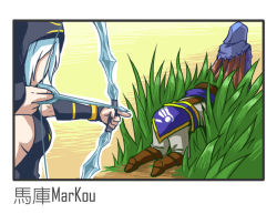Rule 34 | 1girl, 2boys, all fours, arrow (projectile), ashe (league of legends), boots, bow (weapon), breasts, brown hair, cloak, garen (league of legends), grass, hood, hooded cloak, league of legends, multiple boys, sideboob, talon (league of legends), weapon, white hair, wongyu