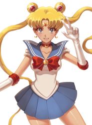 Rule 34 | 1girl, bad id, bad pixiv id, bare legs, bishoujo senshi sailor moon, blonde hair, blue eyes, blue sailor collar, blue skirt, blush, bow, brooch, choker, cowboy shot, double bun, elbow gloves, eng (hypark1102), gloves, grin, hair bun, hair ornament, jewelry, long hair, looking at viewer, magical girl, neck, necklace, parted bangs, parted lips, pleated skirt, red bow, sailor collar, sailor moon, shiny clothes, skirt, smile, solo, standing, tiara, tsukino usagi, twintails, v, very long hair, white background, white gloves