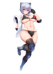 Rule 34 | 1girl, absurdres, anonyma, bare shoulders, bikini, black bikini, black gloves, black thighhighs, blue gk, blue hair, blush, boots, breasts, cleavage, commentary request, covered erect nipples, elbow pads, fingernails, full body, glasses, gloves, hair ornament, hands up, highres, holding, knee pads, large breasts, looking at viewer, navel, o-ring, o-ring bikini, o-ring bottom, o-ring top, parted lips, purple eyes, same ningen, shiny clothes, shiny skin, simple background, skindentation, solo, sports bikini, stomach, string bikini, sweat, sweatdrop, swimsuit, thighhighs, thighs, towel, white background