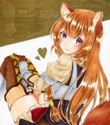 Rule 34 | 1girl, alto2019, animal ears, bad id, bad pixiv id, brown background, brown gloves, brown hair, brown thighhighs, closed mouth, from behind, gloves, hand on own knee, long hair, long sleeves, looking at viewer, looking back, marker (medium), miniskirt, raccoon girl, raphtalia, red eyes, sample watermark, sitting, skirt, smile, solo, tail, tate no yuusha no nariagari, thighhighs, traditional media, two-tone background, very long hair, watermark, white background, white skirt, zettai ryouiki