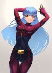 Rule 34 | 1girl, absurdres, belt, blue hair, bodysuit, breasts, gloves, gradient background, grey background, hara kenshi, highres, kula diamond, long hair, looking at viewer, medium breasts, narrow waist, purple eyes, simple background, skin tight, smile, snk, snowing, the king of fighters, tongue, white background, zipper