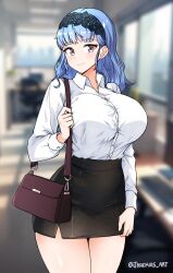 Rule 34 | 1girl, absurdres, alternate costume, artist name, bag, blue hair, blurry, blurry background, breasts, collared shirt, contemporary, cowboy shot, fire emblem, fire emblem: three houses, fire emblem warriors: three hopes, grey eyes, hairband, handbag, highres, huge breasts, jarckius, lace hairband, looking at viewer, marianne von edmund, nintendo, office lady, official alternate hairstyle, pencil skirt, shirt, shirt tucked in, shoulder bag, skirt, smile, solo