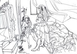 Rule 34 | 2girls, bang dream!, bang dream! it&#039;s mygo!!!!!, barefoot, bedroom, blood on ground, blood on wall, boots, box, clone, closed mouth, clothes hanger, commentary, corpse, curtains, floating curtains, greyscale, hair ribbon, highres, indoors, kita no shinya, long hair, monochrome, multiple girls, neckerchief, pleated skirt, ribbon, school uniform, serafuku, shirt, short sleeves, skirt, togawa sakiko, two side up, unworn shirt, unworn skirt