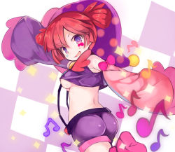 Rule 34 | :d, ass, asymmetrical sleeves, bare shoulders, beamed eighth notes, blush, breasts, buro (muse dash), checkered background, crop top, crop top overhang, eighth note, facial mark, fang, hair between eyes, kurasuke, long sleeves, looking at viewer, looking back, medium breasts, midriff, mismatched sleeves, muse dash, musical note, open mouth, outstretched arm, pink sleeves, purple eyes, purple shirt, purple shorts, purple sleeves, red hair, shirt, short shorts, short twintails, shorts, sleeveless, sleeveless shirt, sleeves past fingers, sleeves past wrists, smile, solo, sparkle, twintails, underboob