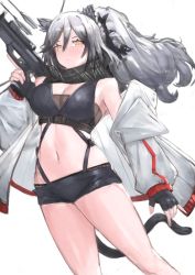 Rule 34 | 1girl, animal ears, arknights, bow (weapon), cat ears, cat tail, crossbow, grey hair, jacket, midriff, relaxed entity, scarf, schwarz (arknights), short shorts, shorts, tail, weapon