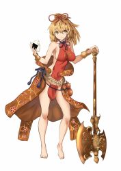 Rule 34 | 1girl, ankoku broccoli, axe, bangle, bare shoulders, barefoot, battle axe, blonde hair, bracelet, breasts, brown eyes, closed mouth, collarbone, cover, dress, food, food on face, full body, gourd, hair ribbon, halterneck, hand on hilt, head tilt, high ponytail, highres, holding, holding food, jewelry, looking away, medium breasts, onigiri, original, red dress, red ribbon, ribbon, simple background, sleeveless, sleeveless dress, solo, standing, strapless, strapless dress, wavy mouth, weapon, white background