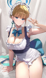 Rule 34 | 1girl, absurdres, apron, arm up, back bow, blonde hair, blue archive, blue bow, blue bowtie, blue eyes, blue tank top, bow, bowtie, breasts, chanism!, cleavage, closed mouth, commentary request, cowboy shot, detached collar, expressionless, framed breasts, frills, highres, large breasts, looking at viewer, maid headdress, medium hair, sitting, solo, tank top, toki (blue archive), v, white apron