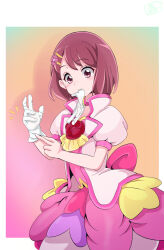 Rule 34 | 1girl, artist name, ascot, back bow, bob cut, bow, brown eyes, brown hair, choker, closed mouth, commentary request, cowboy shot, cure grace, dress, flower, flower brooch, glove in mouth, glove pull, gloves, hair flower, hair ornament, hairclip, hanadera nodoka, healin&#039; good precure, highres, jacket, jewelry, looking at viewer, magical girl, medium dress, mochi curry, mouth hold, notice lines, partial commentary, pink bow, pink choker, pink dress, precure, puffy short sleeves, puffy sleeves, short hair, short sleeves, signature, solo, standing, white gloves, white jacket, yellow ascot