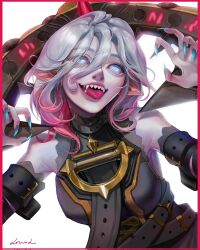 Rule 34 | 1girl, belt, black belt, blue nails, border, briar (league of legends), colored sclera, colored skin, commentary, detached sleeves, dovodo vo, fingernails, gradient hair, grey hair, hair between eyes, highres, league of legends, long hair, multicolored hair, no pupils, open mouth, pink hair, pointy ears, red border, red sclera, sharp fingernails, sharp teeth, sidelocks, signature, simple background, smile, solo, streaked hair, teeth, tongue, tongue out, two-tone hair, upper body, vampire, white background, white eyes, white skin, wrist cuffs
