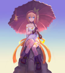Rule 34 | 1girl, black choker, blonde hair, blue eyes, boots, breasts, choker, cleavage, collarbone, dress, dusttodusk, edna (tales), gloves, green ribbon, hair between eyes, hair ribbon, hairband, holding, holding umbrella, off shoulder, ribbon, side ponytail, simple background, single glove, sitting, solo, tales of (series), tales of zestiria, tress ribbon, umbrella