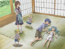 Rule 34 | 2boys, 3girls, aged down, brother and sister, child, everyone, fujino mayuki, hatsune miku, holding hands, kagamine len, kagamine rin, kaito (vocaloid), mayuki, meiko (vocaloid), multiple boys, multiple girls, siblings, sleeping, twins, vocaloid