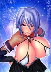 Rule 34 | 1girl, blue hair, breasts, cleavage, huge breasts, leaning forward, looking at viewer, mo-frederick, mole, purple eyes, short hair, skirt, smile, solo