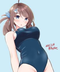 Rule 34 | 1girl, ame-san, blue background, blue one-piece swimsuit, braided hair rings, breasts, breasts day, chougei (kancolle), competition school swimsuit, covered navel, grey eyes, hair flaps, hair ornament, hair rings, hairclip, highres, kantai collection, large breasts, long hair, one-piece swimsuit, school swimsuit, smile, solo, swimsuit, upper body, whale hair ornament
