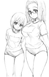 Rule 34 | 00s, 2girls, age difference, arms behind back, asanagi, breasts, buruma, child, flat chest, frown, glasses, greyscale, gym uniform, hitotsubashi yurie, kamichu!, large breasts, leaning, looking at viewer, monochrome, multiple girls, shijou mitsue, short hair, simple background, sketch, standing, thighs, white background