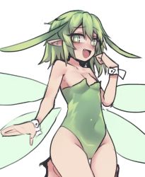 Rule 34 | 1girl, :d, black souls, breasts, bright pupils, cameltoe, cleavage, covered navel, fairy, fairy wings, fang, green eyes, green hair, green leotard, highres, leaf (black souls), leotard, nyong nyong, open mouth, pointy ears, short hair, simple background, small breasts, smile, solo, strapless, strapless leotard, thigh gap, white background, white pupils, wings, wrist cuffs