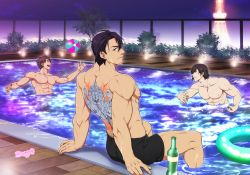 Rule 34 | 3boys, abs, alcohol, artist name, back tattoo, ball, bara, beer, biceps, black hair, black male swimwear, black swim trunks, brown hair, bush, city, city lights, closed eyes, facial hair, fence, glass, half-closed eyes, highres, light, light rays, looking at another, looking at viewer, looking back, male focus, male swimwear, manly, mature male, messy hair, multiple boys, muscular, muscular male, night, night sky, nipples, open mouth, original, outdoors, pectorals, playing, pool, poolside, reflection, reflective water, short hair, signature, sky, smile, stubble, swim trunks, tattoo, teeth, tongue, topless male, tower, water, wet, yanai inaya