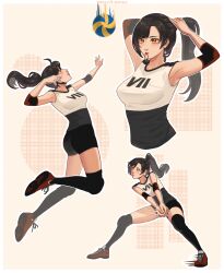 Rule 34 | 1girl, absurdres, alternate costume, alternate hairstyle, armpits, arms up, ball, bare shoulders, black hair, black shorts, black thighhighs, blush, breasts, commentary, earrings, elbow pads, english commentary, final fantasy, final fantasy vii, final fantasy vii remake, full body, hair tie in mouth, highres, jewelry, jumping, katsuartsu, knee pads, lips, long hair, medium breasts, mouth hold, multiple views, parted lips, ponytail, red eyes, red footwear, shoes, shorts, single earring, sleeveless, sportswear, swept bangs, thighhighs, tifa lockhart, volleyball, volleyball (object), volleyball uniform