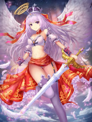Rule 34 | 1girl, angel, angel wings, bare shoulders, breasts, cleavage, crown, detached sleeves, dew (7302235), feathers, foot out of frame, garter straps, gold trim, hair ribbon, halo, highres, holding, holding sword, holding weapon, long hair, looking at viewer, medium breasts, navel, original, puffy sleeves, purple eyes, purple hair, purple thighhighs, purple wristband, red ribbon, red skirt, ribbon, skirt, smile, solo, standing, sword, thighhighs, tiara, very long hair, weapon, white feathers, wings