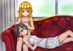 Rule 34 | 2girls, ange (princess principal), asymmetrical bangs, aya223, blonde hair, blue eyes, blush, braid, brown hair, brushing hair, camisole, closed mouth, collarbone, couch, curtains, cushion, frills, hair between eyes, hair brush, hair flaps, hand on own stomach, highres, holding, indoors, lap pillow, long hair, looking at viewer, lying, multiple girls, on back, princess (princess principal), princess principal, short hair, sitting, smile, underwear, underwear only, window
