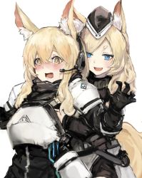 Rule 34 | 2girls, animal ear fluff, animal ears, arknights, armor, aunt and niece, black headwear, blonde hair, blue eyes, blush, grabbing another&#039;s breast, breastplate, gnai, grabbing, grabbing from behind, groping, hair between eyes, hat, headset, highres, horse ears, horse girl, horse tail, incest, long hair, multiple girls, nearl (arknights), open mouth, short eyebrows, simple background, smile, surprised, tail, whislash (arknights), white armor, white background, yellow eyes, yuri
