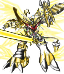 Rule 34 | armor, digimon, digimon (creature), drill, energy sword, fusion, highres, shoutmon x7, shoutmon x7 superior mode, simple background, solo, sword, tail, weapon, white background