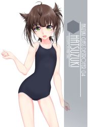 Rule 34 | 1girl, :d, ahoge, artist name, black one-piece swimsuit, blue one-piece swimsuit, blunt bangs, brown hair, character name, collarbone, commentary request, competition school swimsuit, contrapposto, cowboy shot, eyes visible through hair, flat chest, hair flaps, hatsuzuki (kancolle), highres, inaba shiki, jacket, kantai collection, looking at viewer, one-piece swimsuit, open mouth, school swimsuit, short hair, simple background, smile, solo, standing, swimsuit, white background, yellow eyes