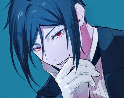 Rule 34 | 1boy, black hair, black suit, blue background, close-up, formal, gloves, goth fashion, hand on own face, jitome, kuroshitsuji, light smile, looking at viewer, lower teeth only, male focus, open mouth, rau 820, red eyes, sebastian michaelis, shirt, short hair, smile, smug, solo, suit, teeth, victorian, white gloves, white shirt