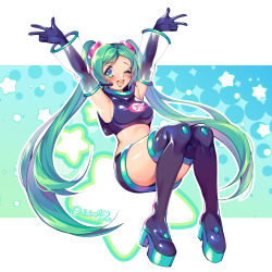 Rule 34 | 1girl, 39, 2020, armpits, arms up, bad id, bad pixiv id, black gloves, boots, breasts, detached sleeves, elbow gloves, full body, gloves, green eyes, green hair, hatsune miku, headset, highres, inioli, long hair, medium breasts, midriff, one eye closed, open mouth, platform boots, platform footwear, see-through, solo, space channel 5, thigh boots, thighhighs, twintails, twitter username, very long hair, vocaloid