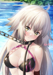 Rule 34 | 1girl, ahoge, angry, animal collar, artist name, bdsm, bikini, black bikini, blurry, blush, bondage, bound, breasts, chain, choker, cleavage, collar, collarbone, commentary request, depth of field, fate/grand order, fate (series), frown, hair between eyes, haneru, head tilt, highres, jeanne d&#039;arc alter (swimsuit berserker) (fate), jeanne d&#039;arc (fate), jeanne d&#039;arc alter (fate), jeanne d&#039;arc alter (swimsuit berserker) (fate), large breasts, leash, long hair, looking at viewer, nose blush, o-ring, o-ring bikini, o-ring top, riding crop, signature, slave, solo, swimsuit, upper body, v-shaped eyebrows, wet, wet clothes, yellow eyes
