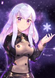 Rule 34 | 1girl, alternate breast size, arm behind back, artist name, breasts, chinchongcha, closed mouth, fire emblem, fire emblem: three houses, garreg mach monastery uniform, hair ornament, highres, large breasts, long hair, lysithea von ordelia, nintendo, pink eyes, smile, snowflakes, solo, upper body, white hair